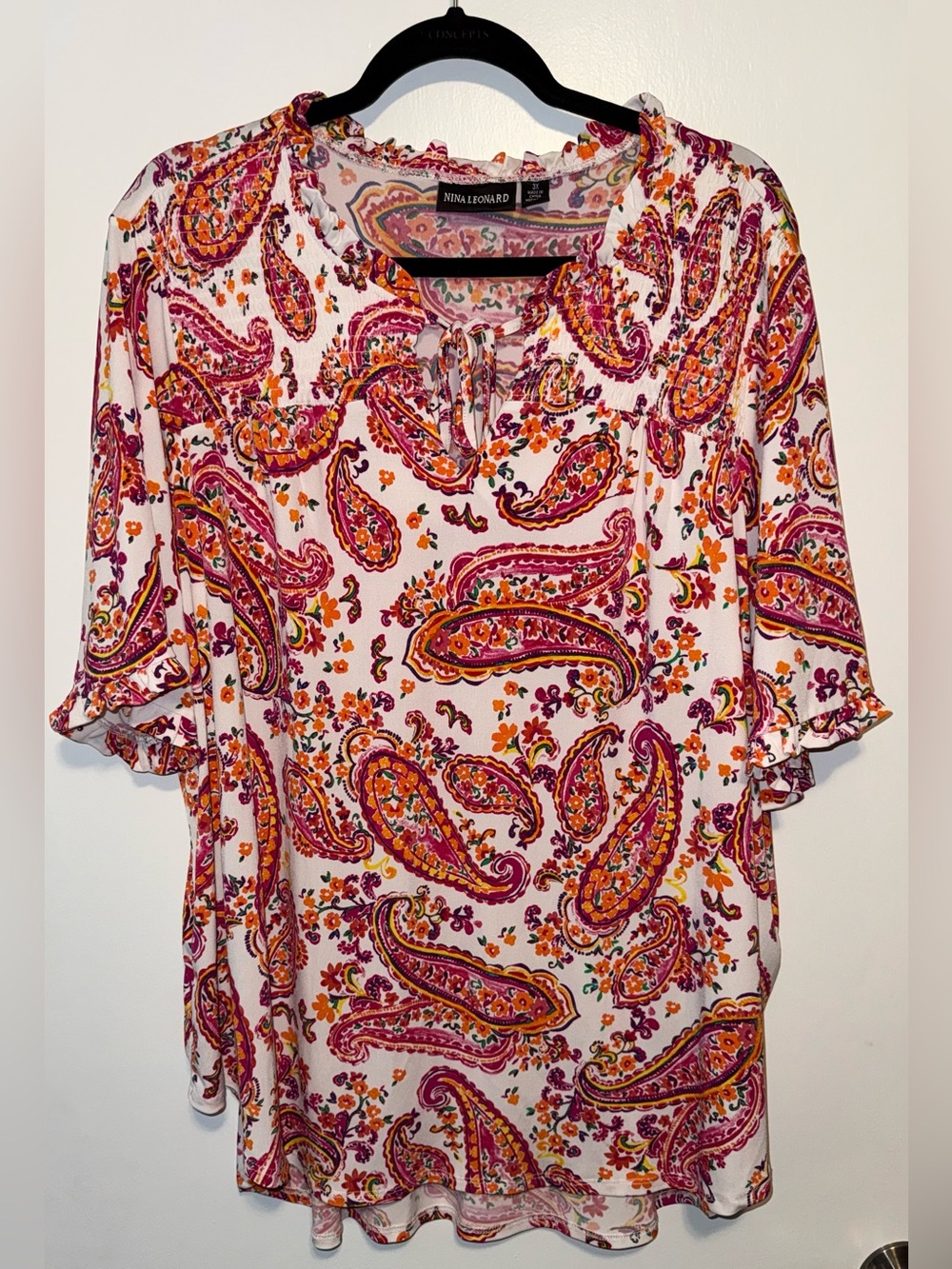 Nina Leonard Pink and Orange Paisley Tie-Neck Blouse